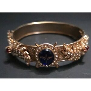 Vintage Gold Tone Rhinestone Clamper Bracelet Blue Glass Cabochon Mid Century